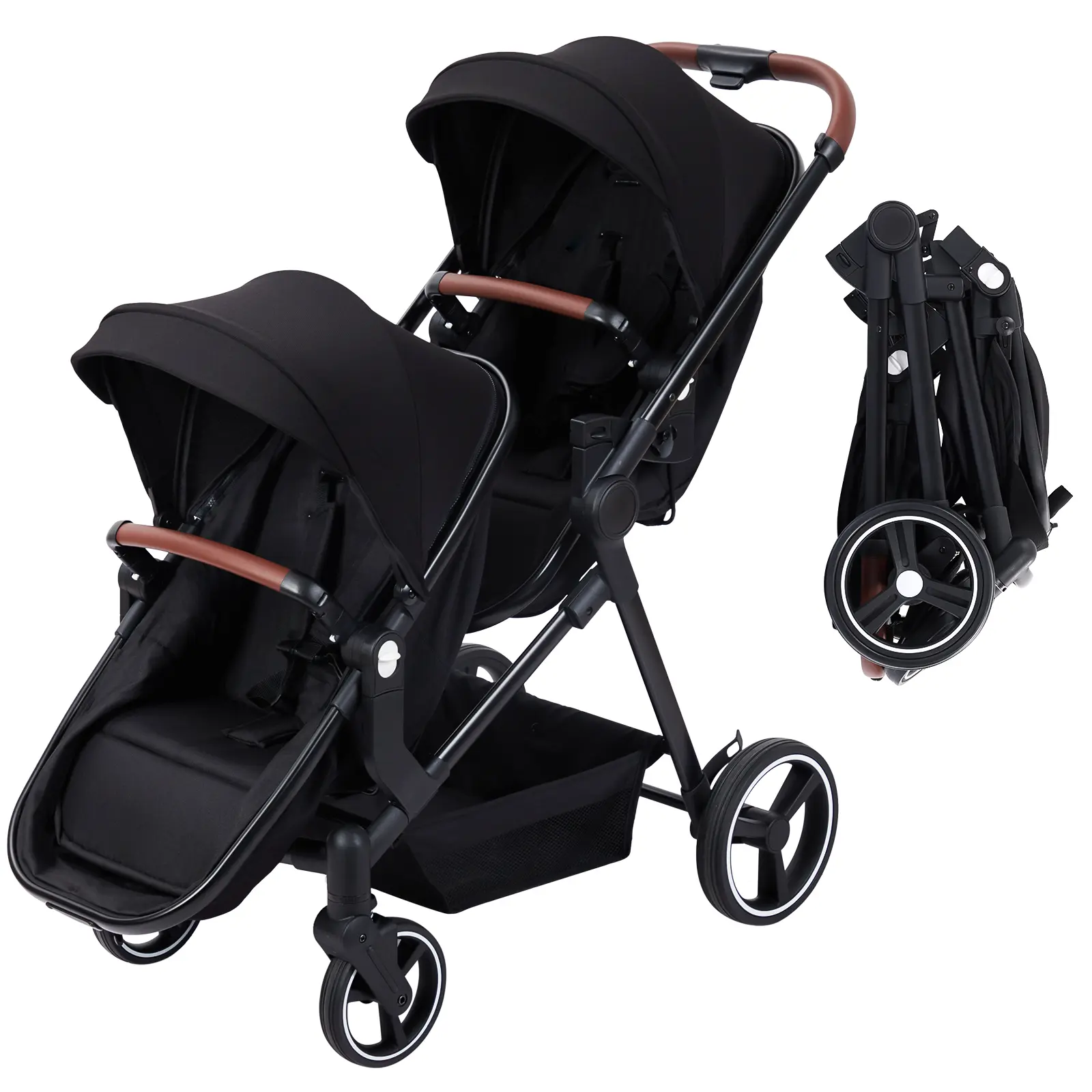 Hosslly Collapsible Tandem Double Stroller for Newborn & Toddler - Reversible Seats, 5-Point Safety Harness, Adjustable Back, Canopy, Large Basket, Lightweight for 2 Kids