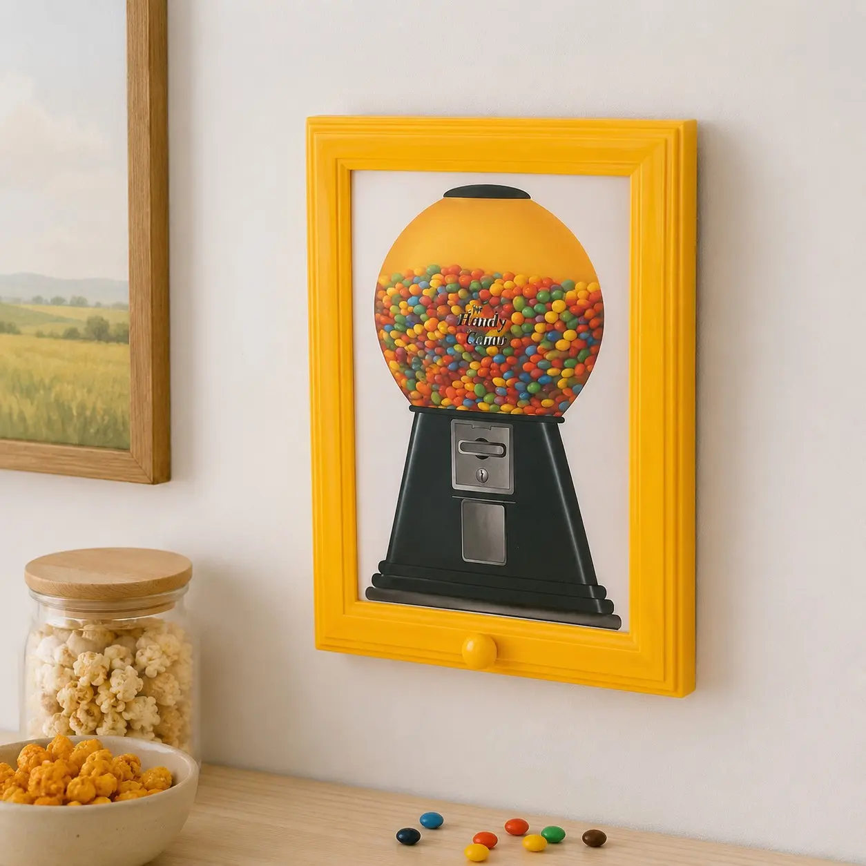 Yellow Wall-Mounted Candy Dispenser Frame, 1-Piece Gumball Storage Organizer with Dispensing Knob for Kitchen, Party and Room