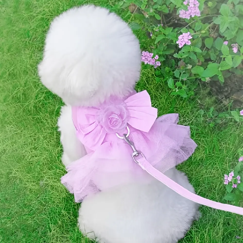 Polyester Floral Print Bow Detail Pet Dress Vest-Style Harness Leash Set, 120cm/47.24in Leash Included, Suitable for Dogs for Walking