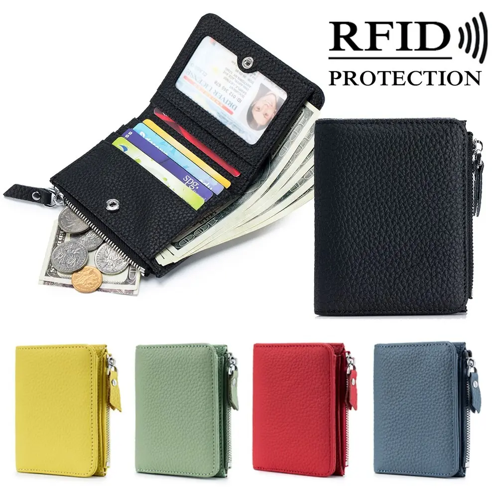 Women RFID Blocking Small Bifold Wallet, Genuine Leather Zipper Coin Purse, Multi Card Slots Clear ID Window Portable Card Holder Billfold