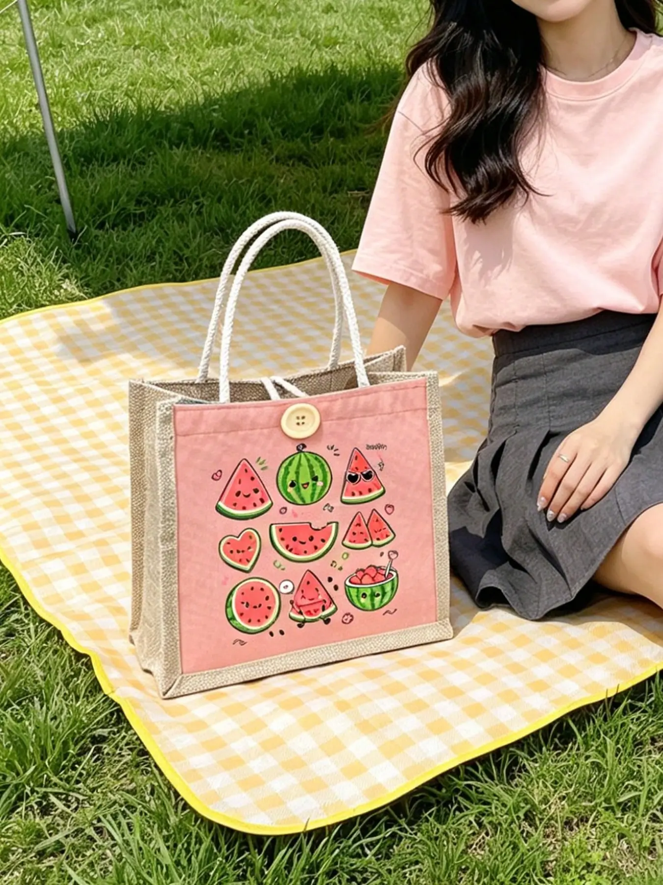Cute Watermelon Pattern Satchel, Summer Fresh Tote Bag, Linen Watermelon Handbag, Large Capacity, Casual Multi-Use Shopping Bag, Perfect Gift