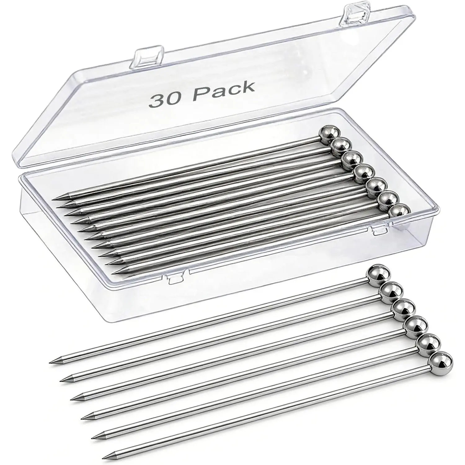 30 count Metal  Picks,  Stainless Steel  Skewer  Martini Olive Picks Garnish Toothpick for Drinks Appetizers Fruit BBQ Snacks with Box, 4.3 inch