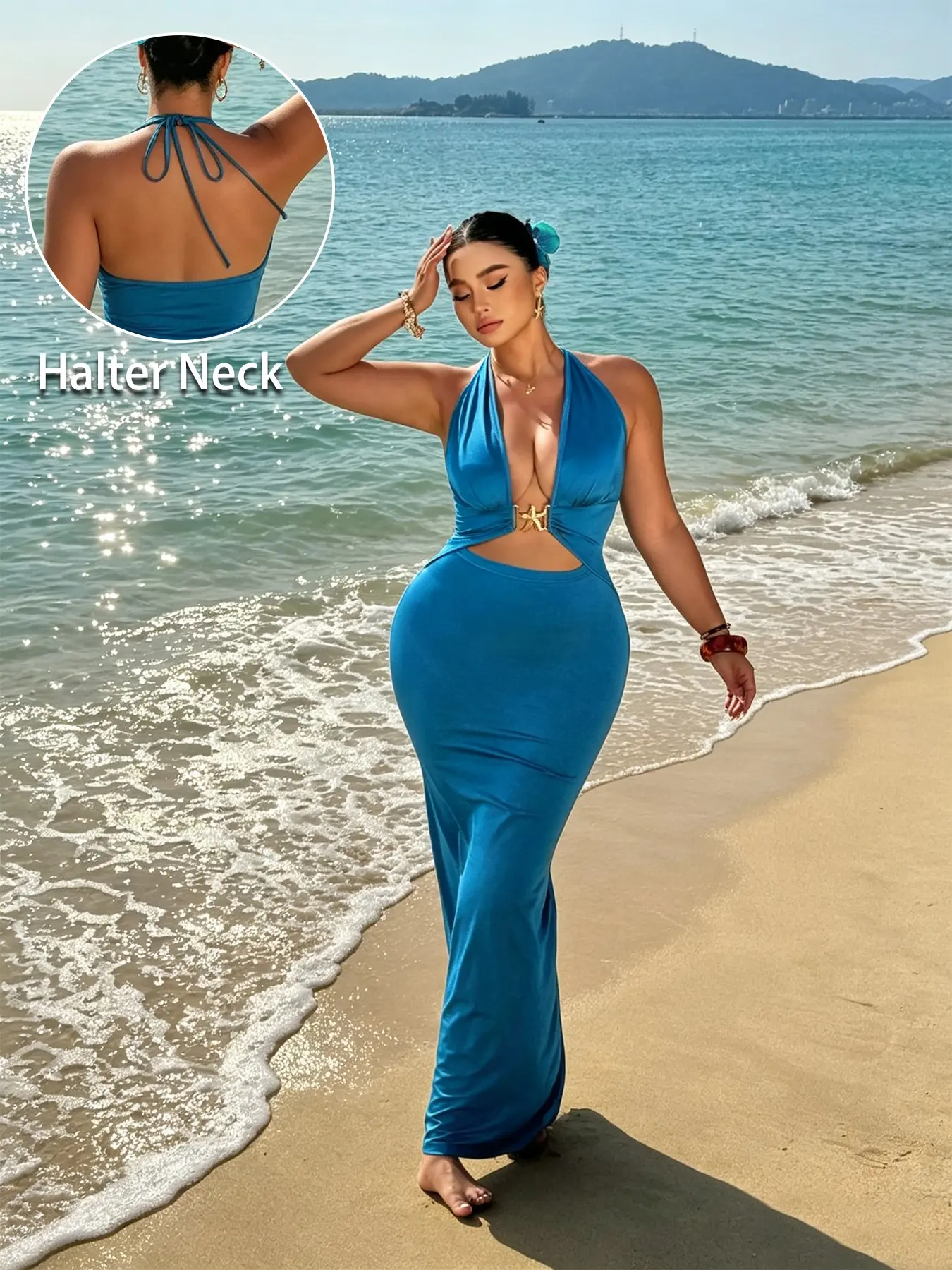Plus Size Halter Deep V Cutout Waist Metal Buckle Bodycon Maxi Dress, Tie Back Open Back Stretchy Mermaid Vacation Dress, Curvy Figure Hugging Beach Gown, Perfect for Beach Vacation, Island Photoshoot, Pool Party, Date Outings, Seaside Shots