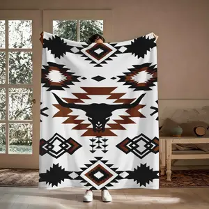 Navajo Geometric Bull Skull Flannel Blanket, Western Tribal Aztec Pattern Soft Throw, Cozy Warm Southwestern Gift for Him Her, Rustic Farmhouse Home Decor for Couch Sofa Bed, AC Room Summer Blanket, Birthday Christmas Gift for Cowboy Ranch Lovers