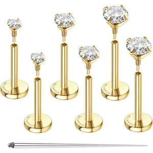 G23 Implant Grade Titanium Flat  Earrings F136  14K  Filled Internal Thread Stud 16/18/20G Cartilage Helix Tragus Conch Nose Labret   for Women Men 3Pairs