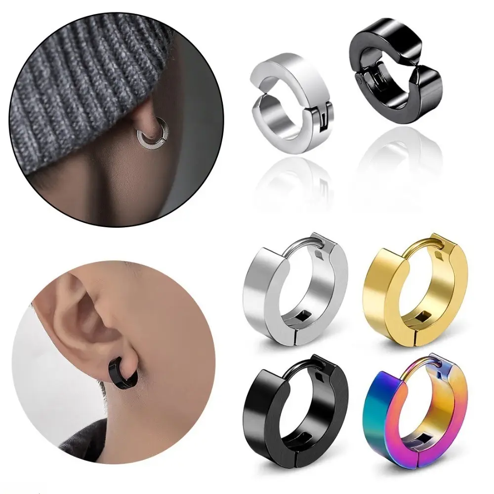 Unisex Hypoallergenic Titanium Steel Huggie Hoops Set - 4 Pairs Different Styles, Stainless Steel Clip-On Ear Cuffs, Korean Insp. Polished Finish, Secure Click Everyday Jewelry