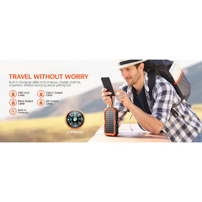 Solar Charger Power Bank 40000mAh Built in 4 Cables and Hand Crank, Portable Charger 22.5W Fast Charger 6 Outputs & 4 Inputs External Battery Pack with Bright Flashlight and Compass