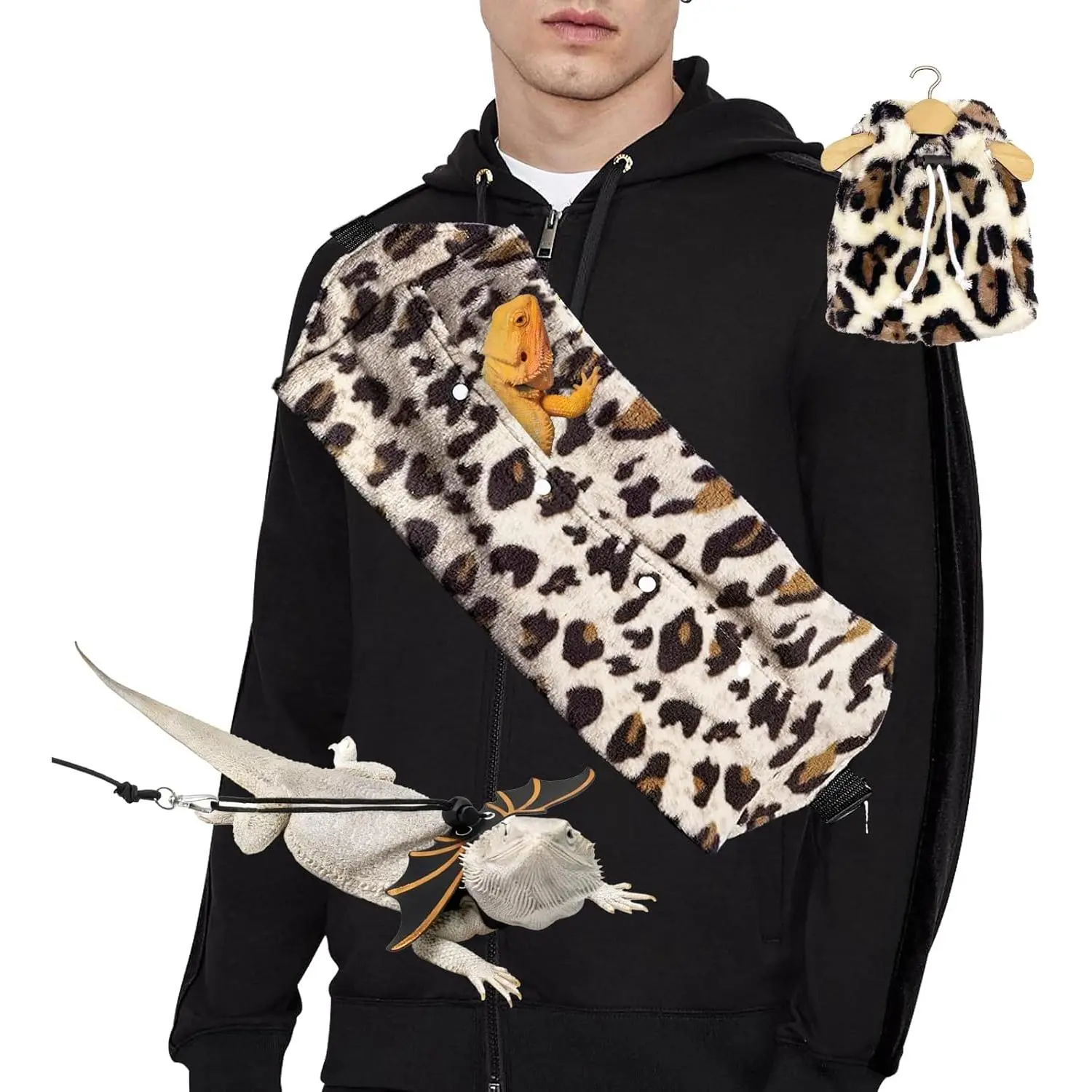 3 Sizes Leopard Print Bearded Dragon Harness Leash Set with Mini Backpack, Soft Adjustable Lizard Vest for Reptile Pets