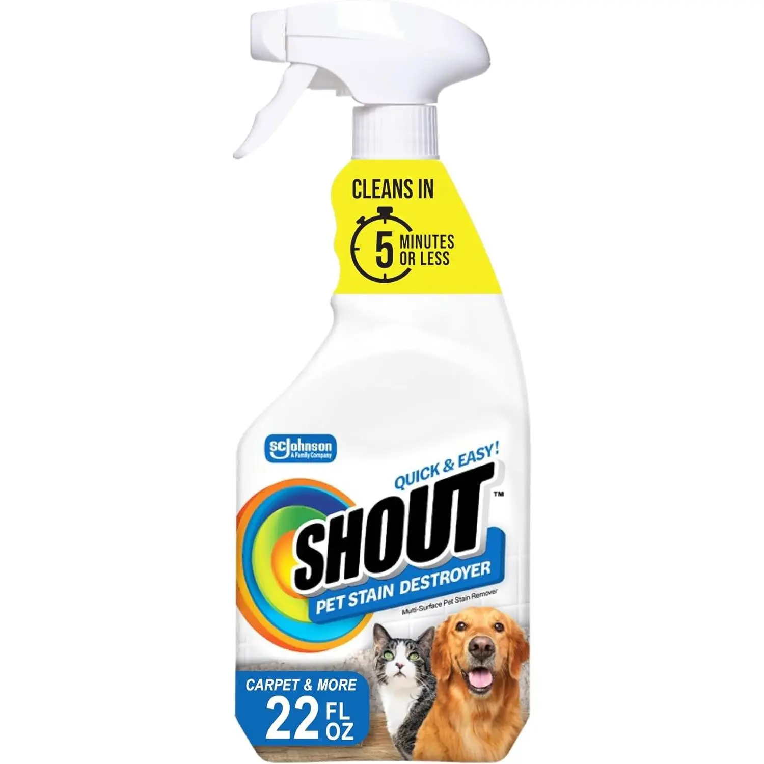Shout Pet Stain Remover Spray, Color-Safe Multisurface & Carpet Cleaner Solution for Dog & Cat Urine, Feces, Vomit & Mud, Fights Odors & Remarking, Fast-Acting Cleans in 5 Minutes or Less, 22oz
