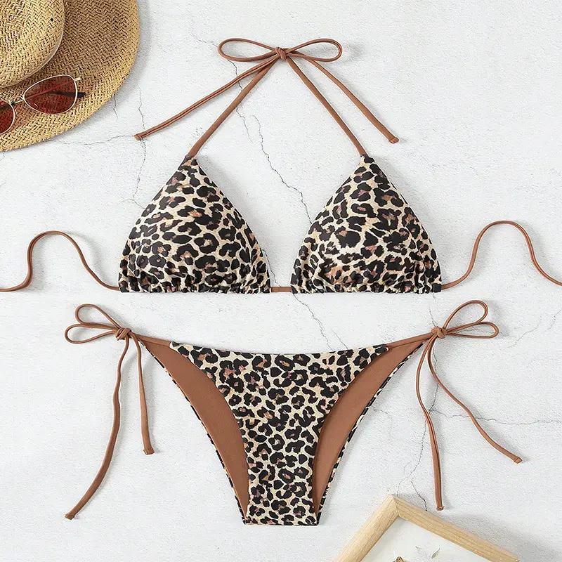 Women's Sporty Leopard Pattern Lace-Up Bikini Swimsuit - Quick-Dry Beach Wear, Bikini Swim Top, Leopard Pattern Swimsuit, Side Ties, Brown Zebra Pattern