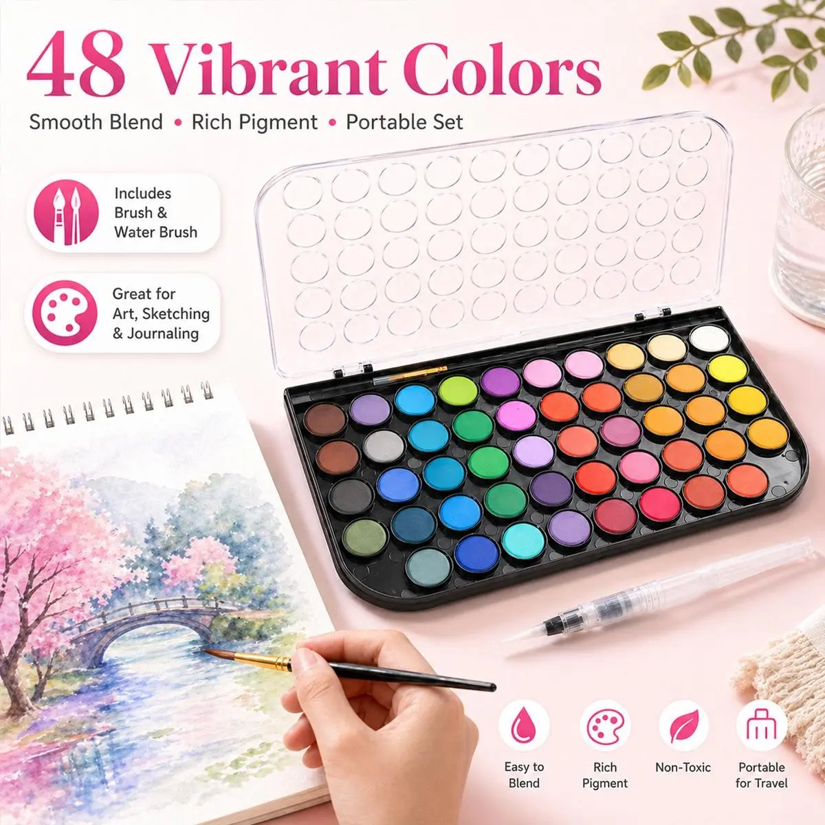 48 Colors Watercolor Paint Set with Brushes, Portable Art Supplies, Travel Painting Supplies, Coloring Supplies, Non-Toxic, Vibrant Paints, Smooth Mixing, Lid Palette, for Beginners, Kids, Artists