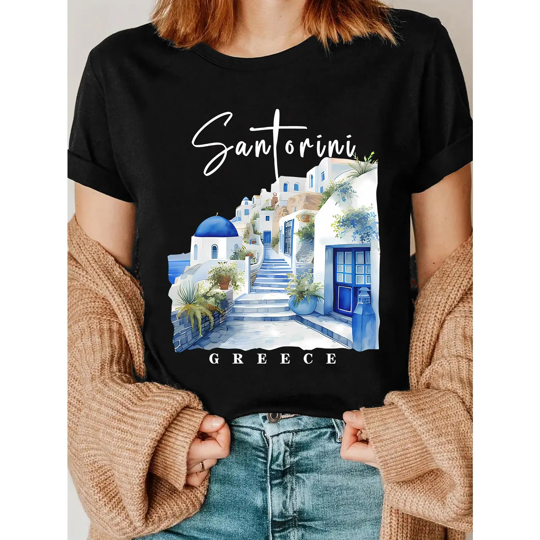 Santorini Greece Watercolor Print T-Shirt, Greek Island Travel Pattern T-Shirt, Blue Dome Greek Village T-Shirt, T-Shirt for Mediterranean Style Enthusiasts, Gift for Travel Lovers & Greece Fans, All-Season Wear & Machine Washable Convenience