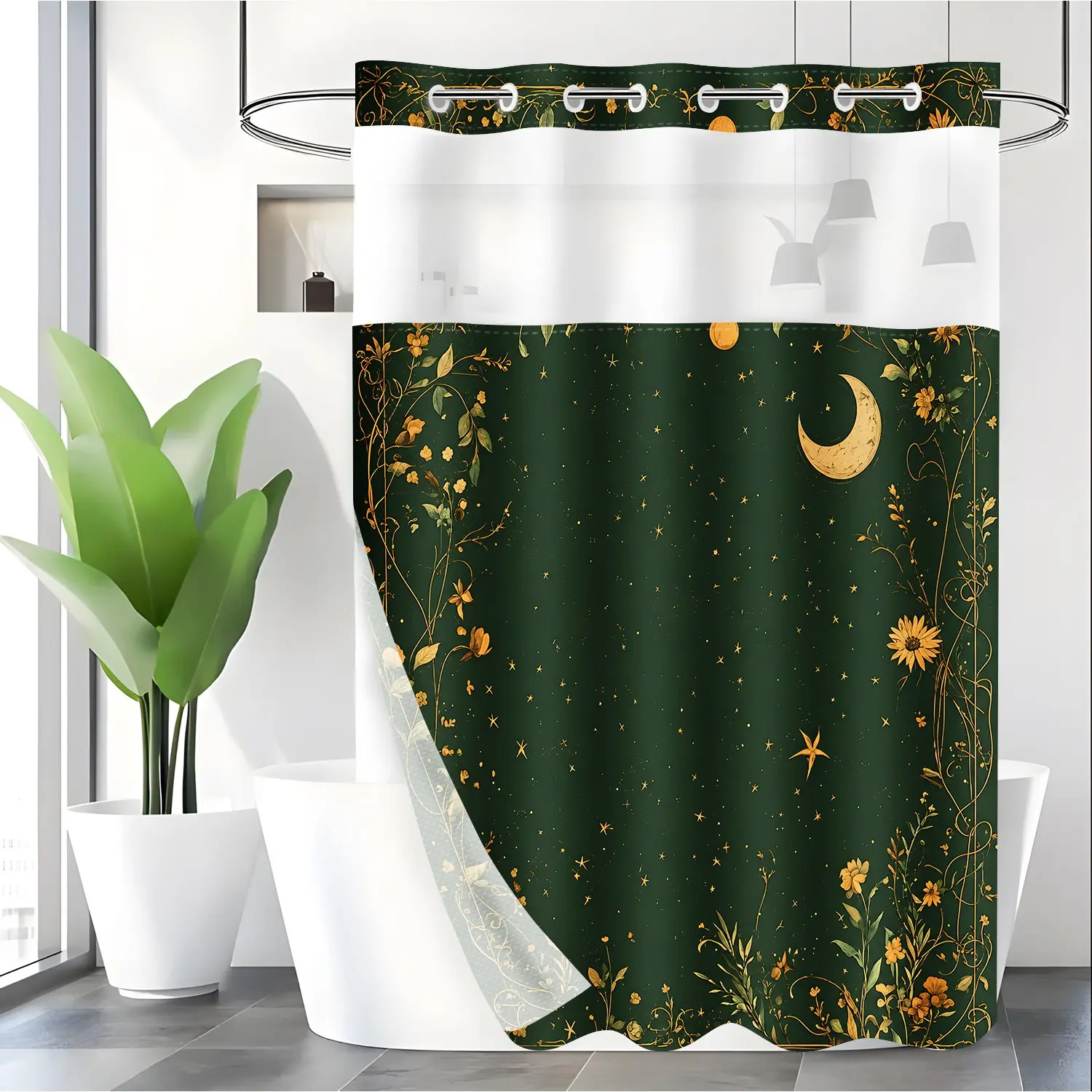 LVRLVR 1pc Dark Green Celestial Cottage Decorative Shower Curtain, Hookless Shower Curtain, Forest Green Base Golden Moon Star Wildflower Sunflower Floral Botanical Print, Sheer Top Window, Detachable Liner & Hook-Free Integrated C-Ring, 70.8" x 74"