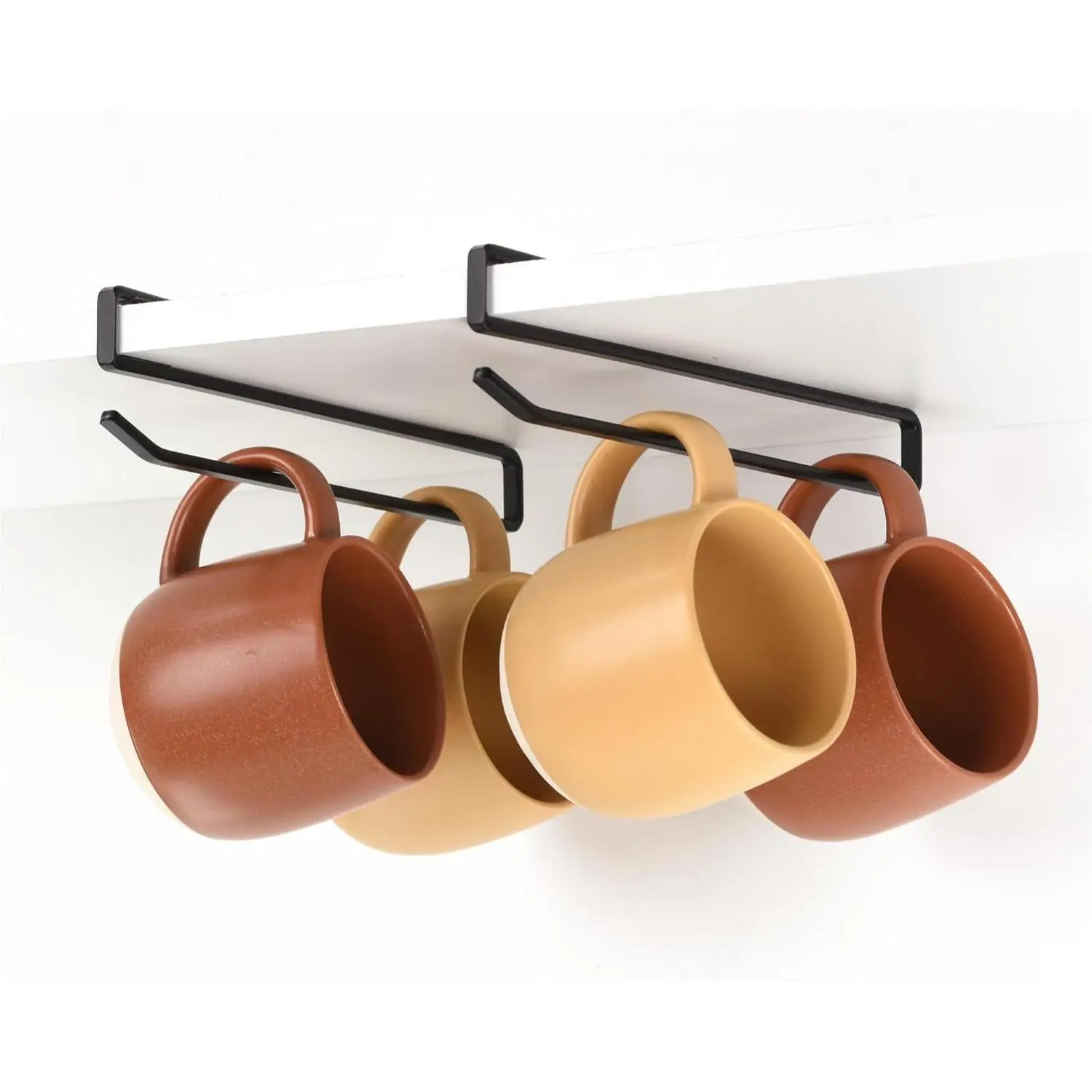 Minimalist Kitchen Coffee Mug Hanger Set (2-Pack) - Clip-On Slide Pad, Screwless Install, Holds Cups, Utensils, Tumbler Lids, Fits Shelves Up to 3/4 in, Hook