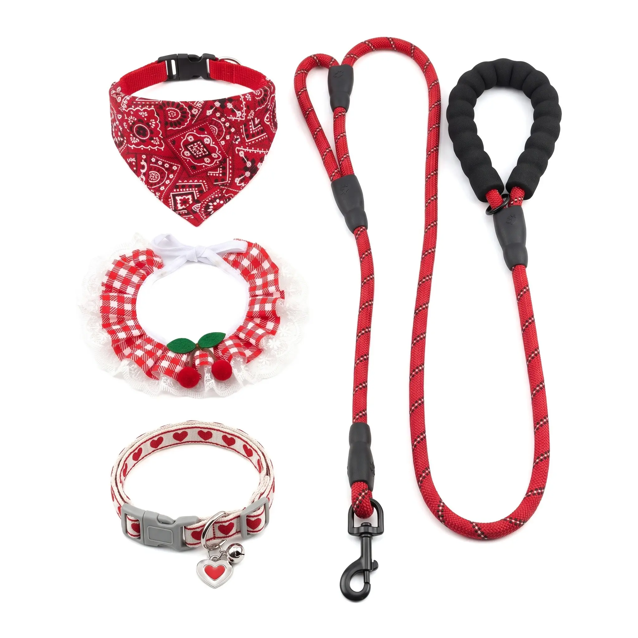 4Pcs Pet Set – No-Pull Leash Included + Bandana + Bib + Collar – Red Festive Outfit for Small/Medium Dogs Cats – Walk & Photoshoot – Viral TikTok