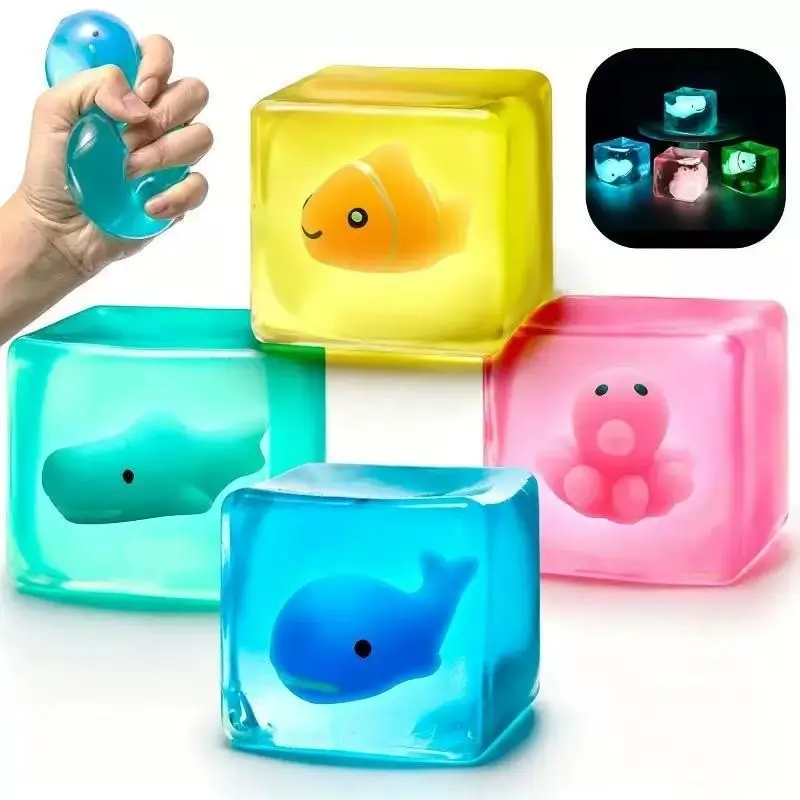Night Glow Ocean Ice Block, 5.5cm Stress Relief Toy, Transparent Jelly Ice Cube, Whale Octopus Shark Fish, Kids Gift, Unisex