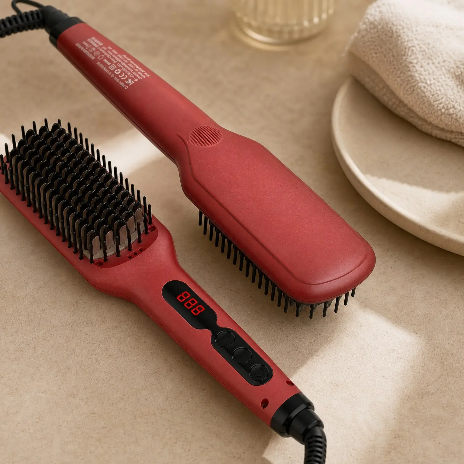 Ionic Ceramic Hair Straightening Brush for Frizzy Thick Hair, MCH Fast Heat-Up Heated Straightening Brush with Anti-Scald, Auto Shut-Off, Dual Voltage, Tomato RedGift