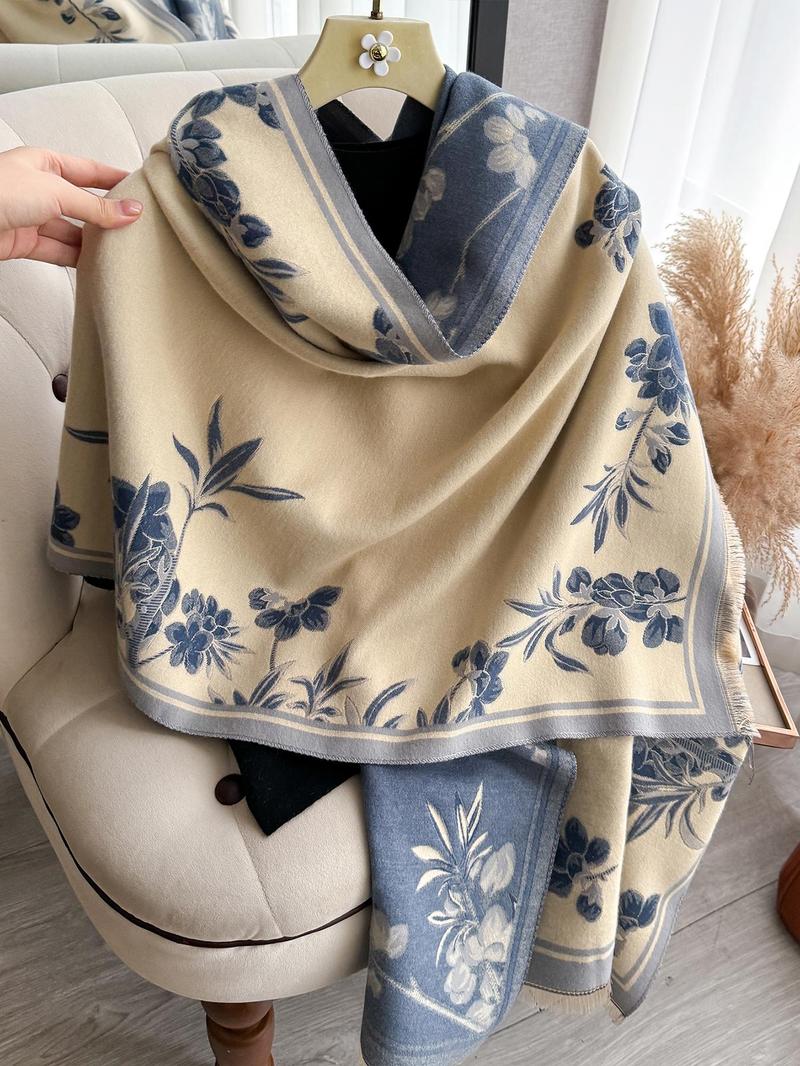 Elegant Floral Knit Scarf for Women, Boho Style Double-Sided Shawl, Fall & Winter Warm Daily Wear, Fitted Design