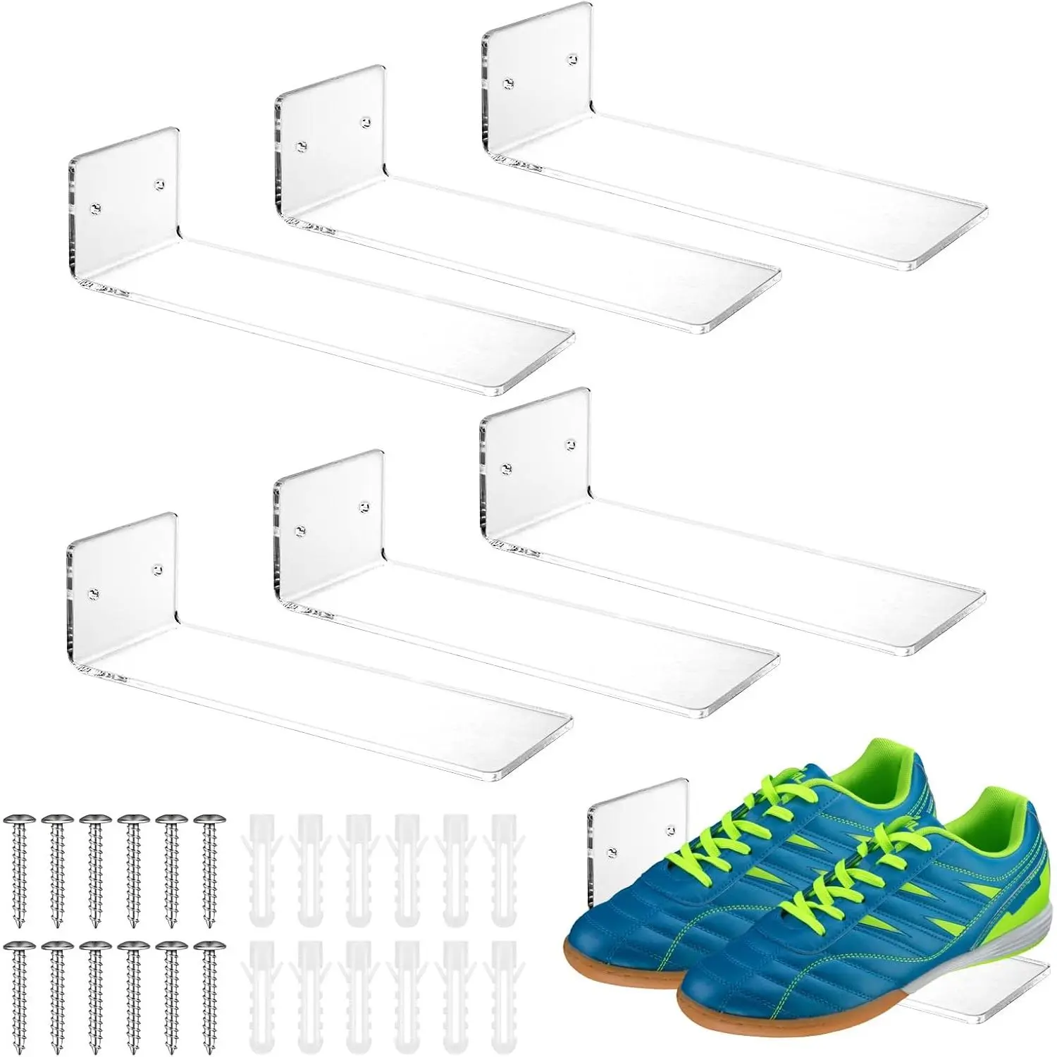 6 count  Floating Shoe Display Shelves, Clear Wall Mount Levitating Sneaker Shelf for Collection Storage, Maximize Space in Bedroom Hallway Gaming Room