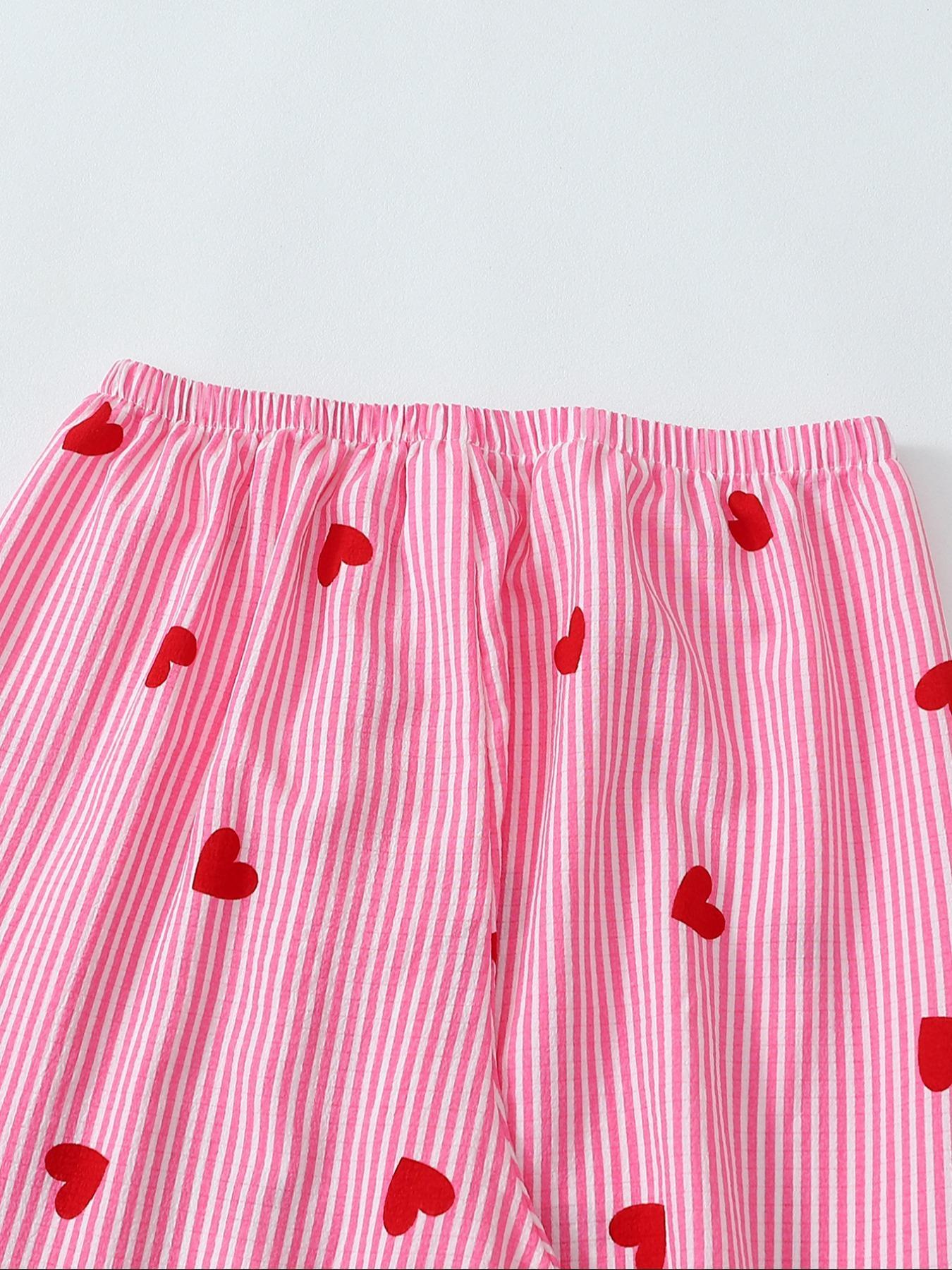 Women's Heart Print Short Sleeve Pajama, Casual Comfy Striped Print Lapel Neck Pocket Shirt & Pants PJ Set, Ladies Sleepwear for All Seasons, Loungewear, Pajamas Lounge Set