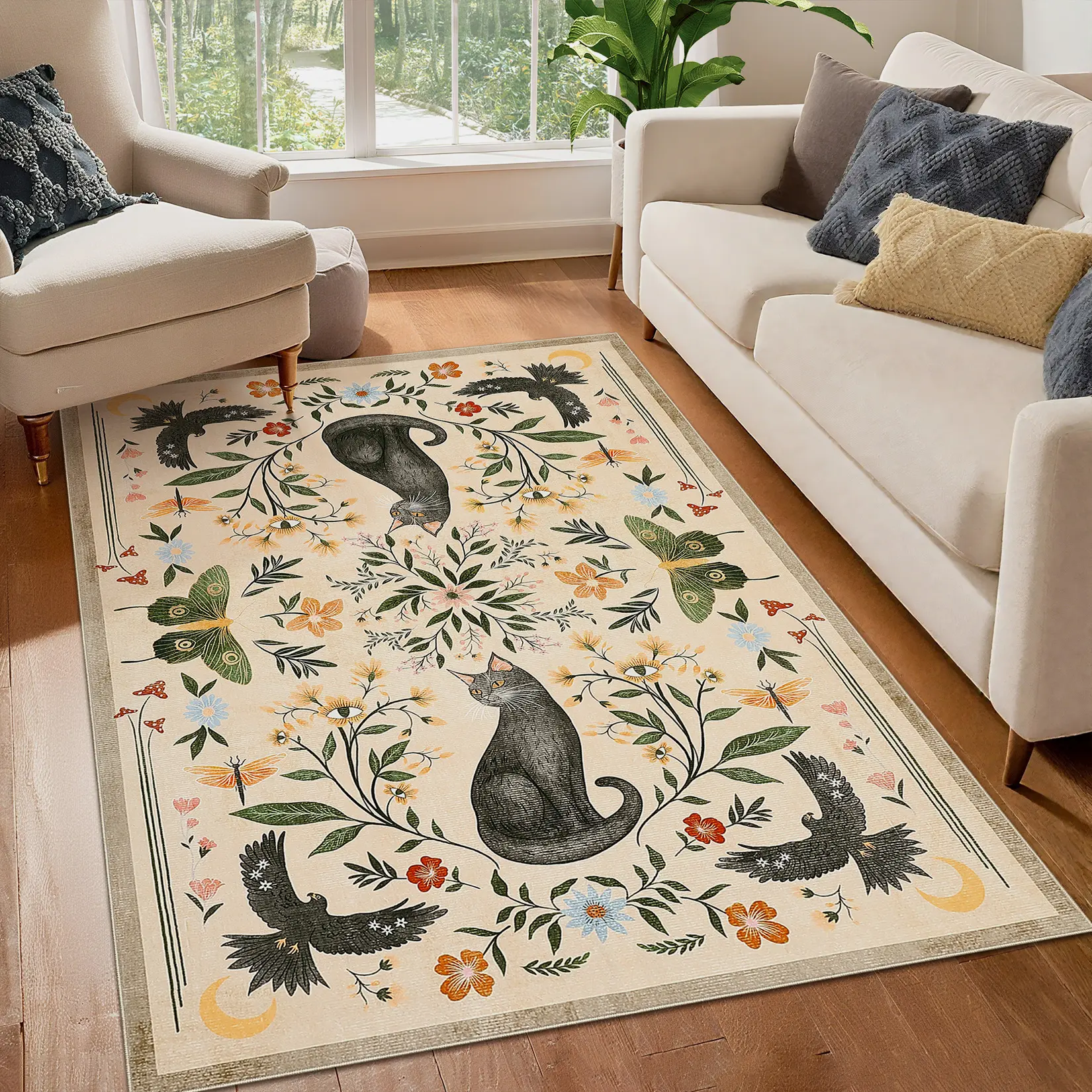 Modern Washable Area Rug, Cat Floral Print Area Rug with Non Slip Backing, Low Pile Stain Resistant Floor Carpet for Living Room, Bedroom