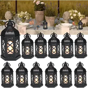 12Pcs Mini Lantern with LED Candle, Small Black Decorative Lanterns for Halloween Decorations, Christmas Table Centerpiece, Flickering Candle Holders for Diwali Wedding Medieval Decor Ornaments