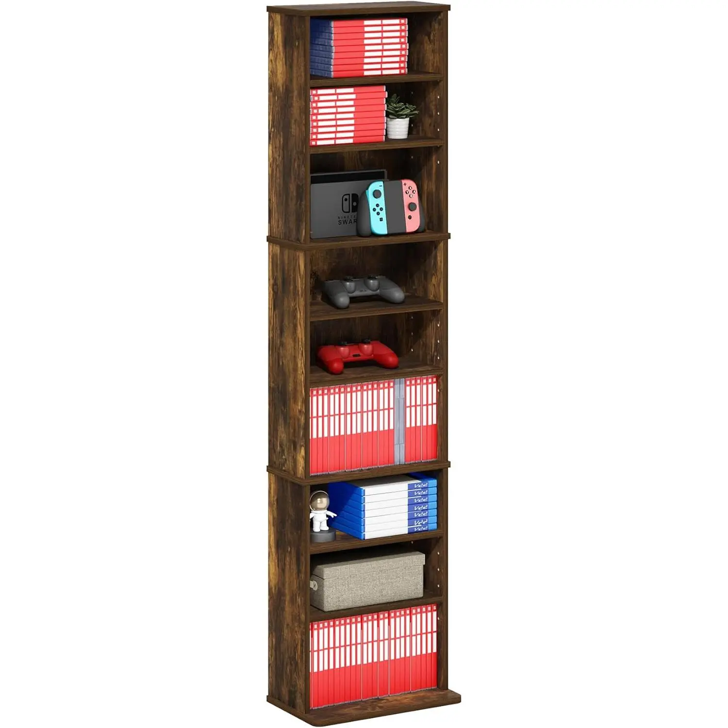 Jaya DVD Shelf, 9-Shelf Tall Narrow CD Rack, Media Shelf with Adjustable Shelves, DVD Storage Cabinets for CD Blueray Game Disc, Easy Assembly, for Living Room, Home Office, Amber Pine