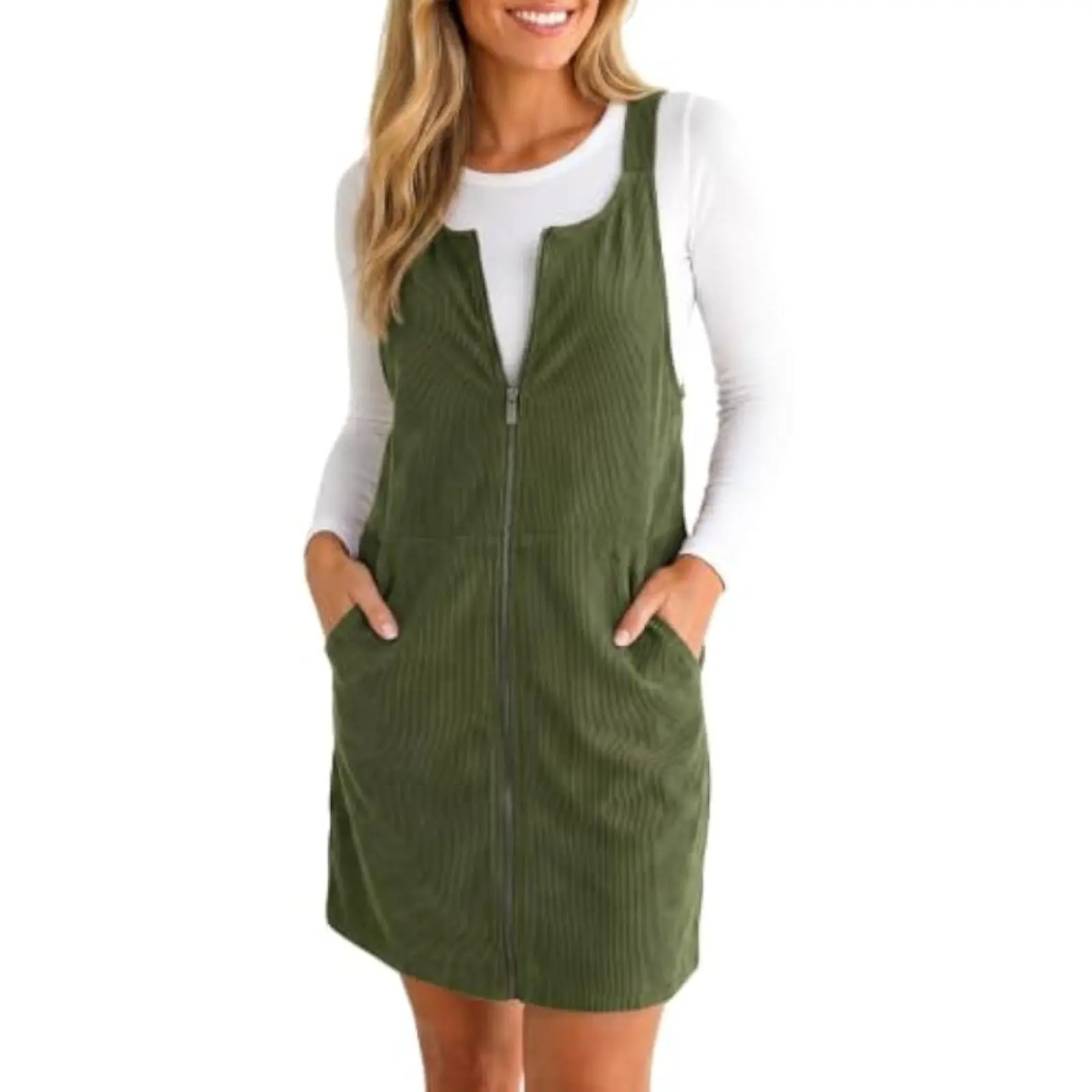 Wenrine Women's Corduroy Overall Dress Zip Up Mini Pinafore Jumper Dress | Full Front Zip,Side Pockets,A Line,Fall Outfits,Winter,Sleeveless,Wide Straps,Vintage Casual,Travel Skirtall,Short,90s