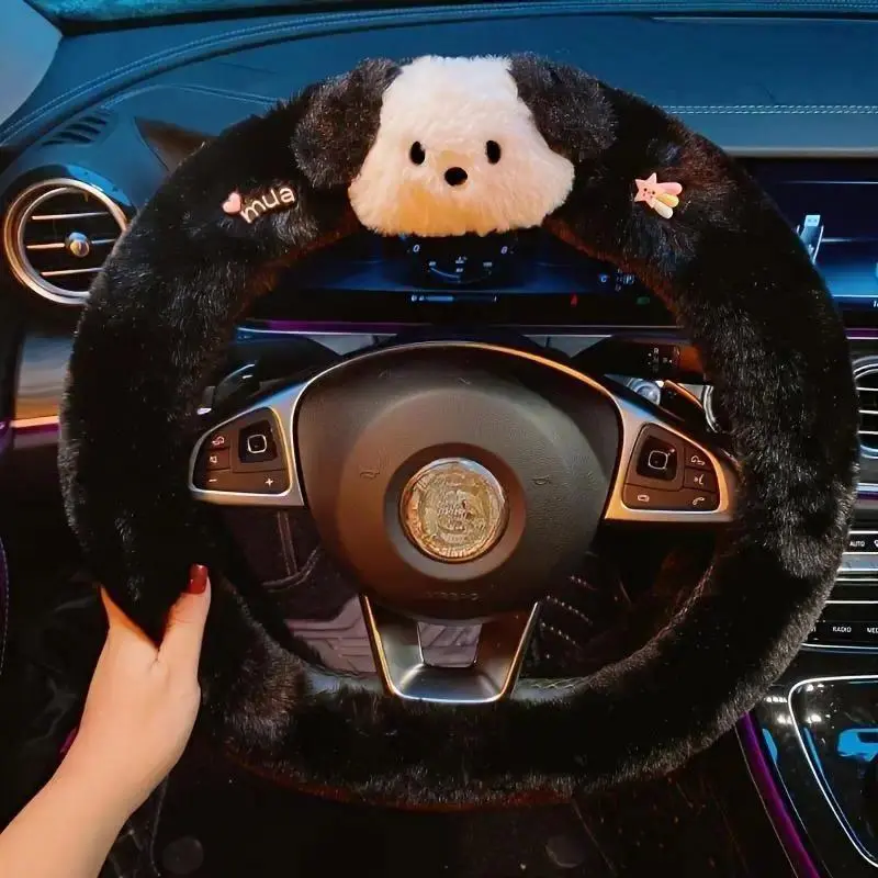 Plush Steering Wheel Cover (steeringwheelcover) with Cute Rhino-Dog Design, Soft Warm Anti-Slip Winter Car Interior Accessory, Universal Fit for Most Vehicles, Ideal for Commute & Gifting