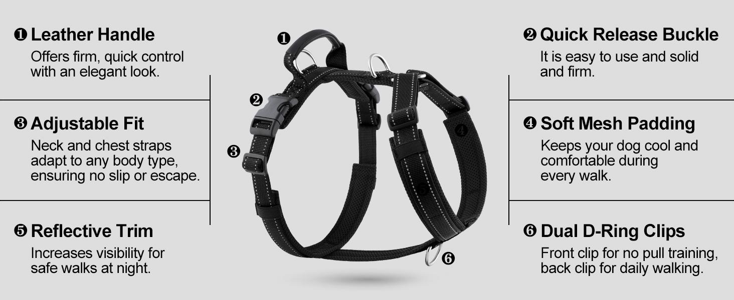 No Pull Dog Harness with Handle, Soft Mesh Padded Adjustable for Small Medium Large Dogs| Reflective Easy Walk Harness with Front Clip for Training, Running & Outdoor (Black, L)