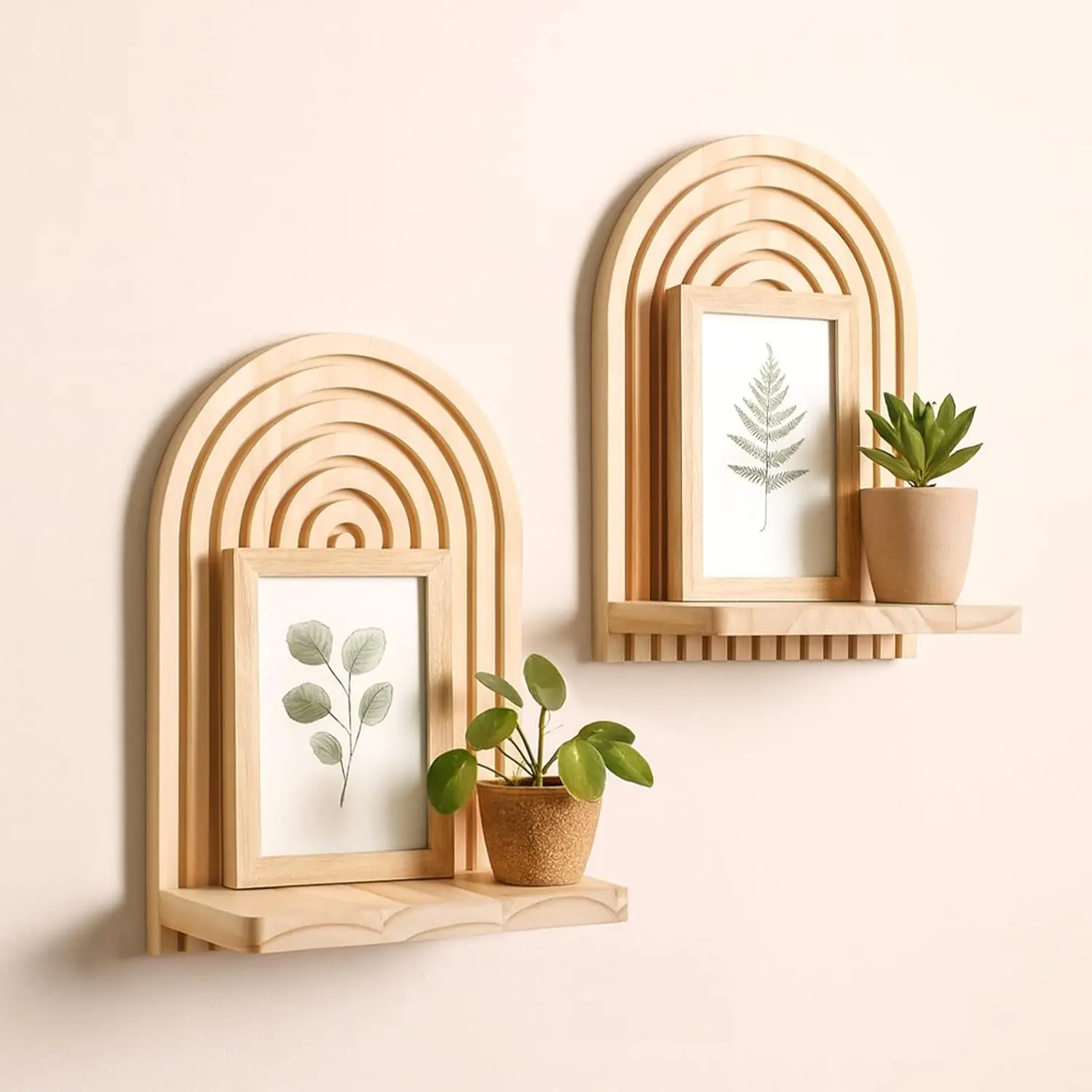 Artilady 2 Pack Boho Wood Wall Hanging Shelf - Handmade Rainbow Arch Floating Shelves Trinket Storage Rack Modern Wall Decor for Bedroom Living Room Nursery Bathroom