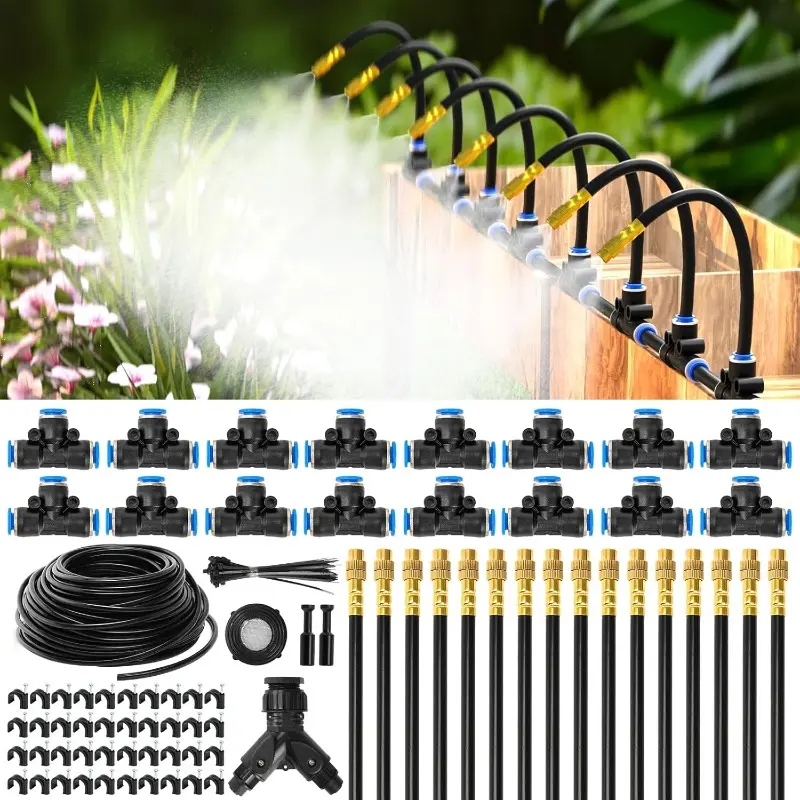 Upgraded 1/4" 100Ft Quick-Connect Drip Irrigation System Kit for Garden, with 16pcs 360°Adjustable Brass Nozzles & Bendable Rods, for Outdoor Plants, Lawns