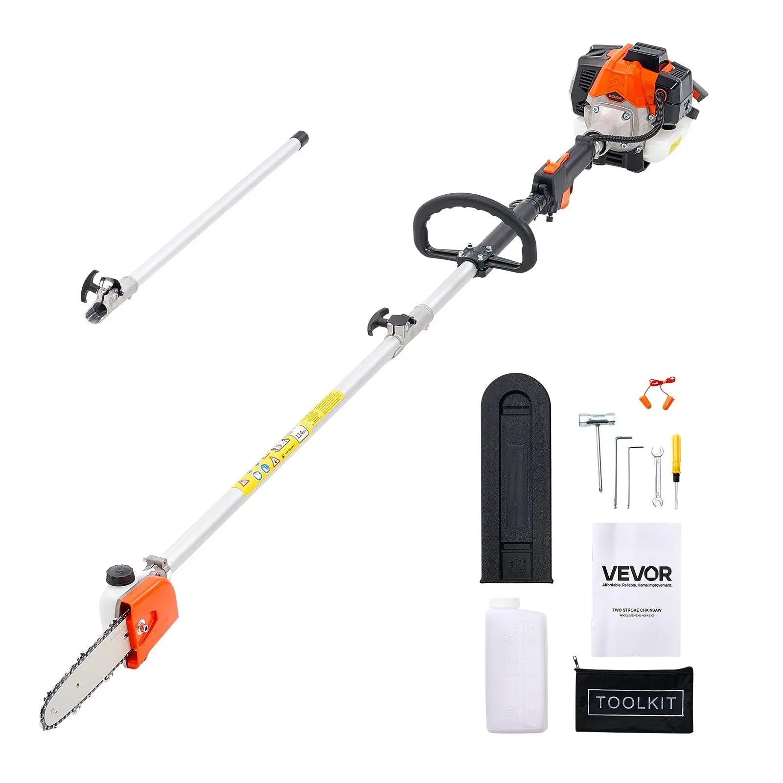 【Summerfinds】VEVOR 25 cc 2-Stroke Gas Pole Saw, 1.2 HP Cordless Branch Cutter Trimmer with 8 in Alloy Steel Cutting Bar, 23 fl.oz Fuel Tank, 6.5-9 ft Extension Pole, 2500 Series, Shoulder Strap, Chainsaw Cover for Landscaping Pruning