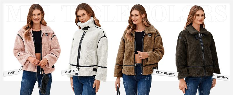 Imily Bela Womens Winter Faux Fur Coats Fleece Zip up Sherpa Moto Jackets Trendy Warm Leather Patchwork Outerwear