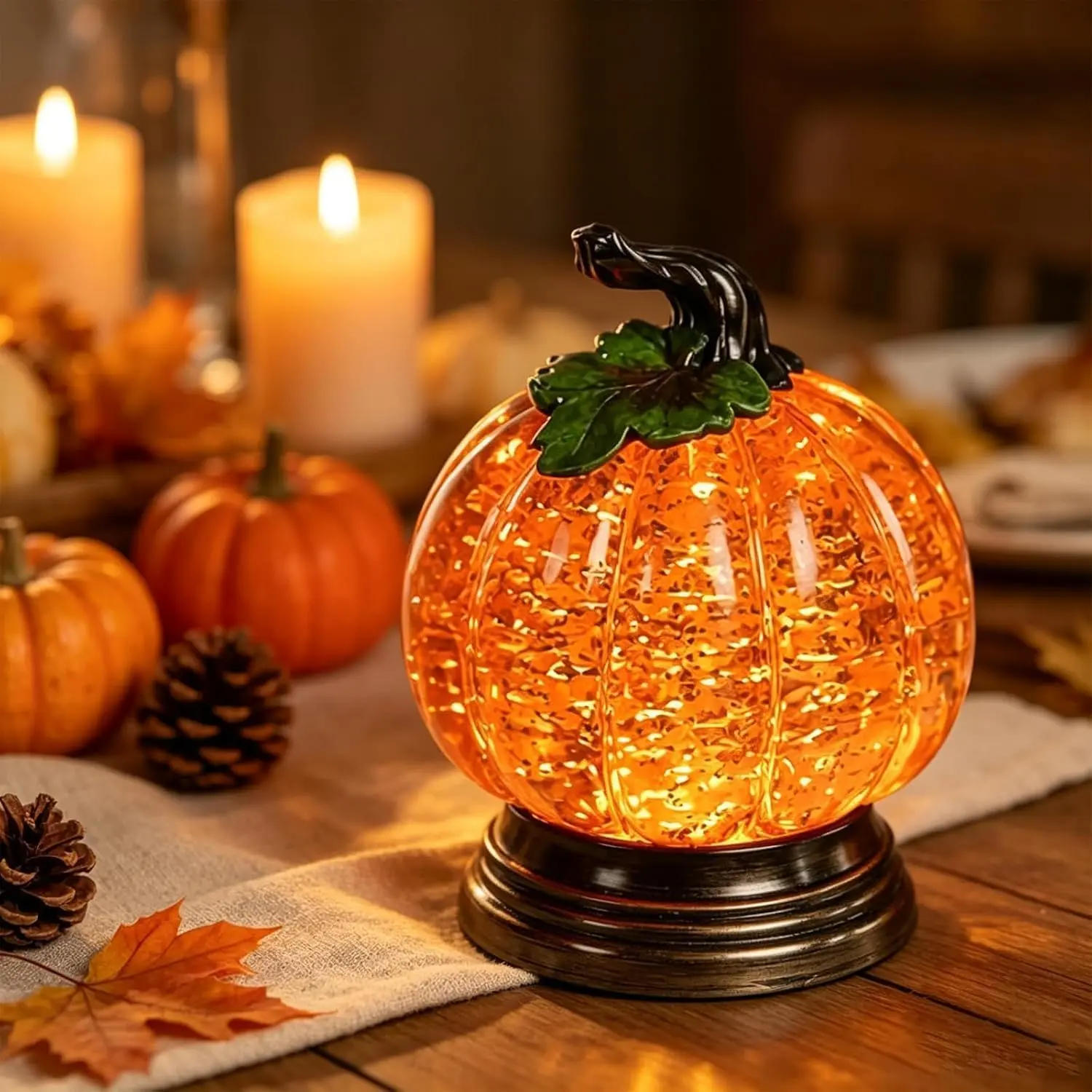 Lighted Halloween Pumpkin Snow Globe, Glitter Fall Decor with Warm Orange LED Glow, Shimmering Water Globe Centerpiece for Thanksgiving, Seasonal Home Decoration Gift,Kraft,Christmas,Wrapping,Paper,Set,Kids,Inflatable,Sha,Luxurious,Folding,Artificial,Tree