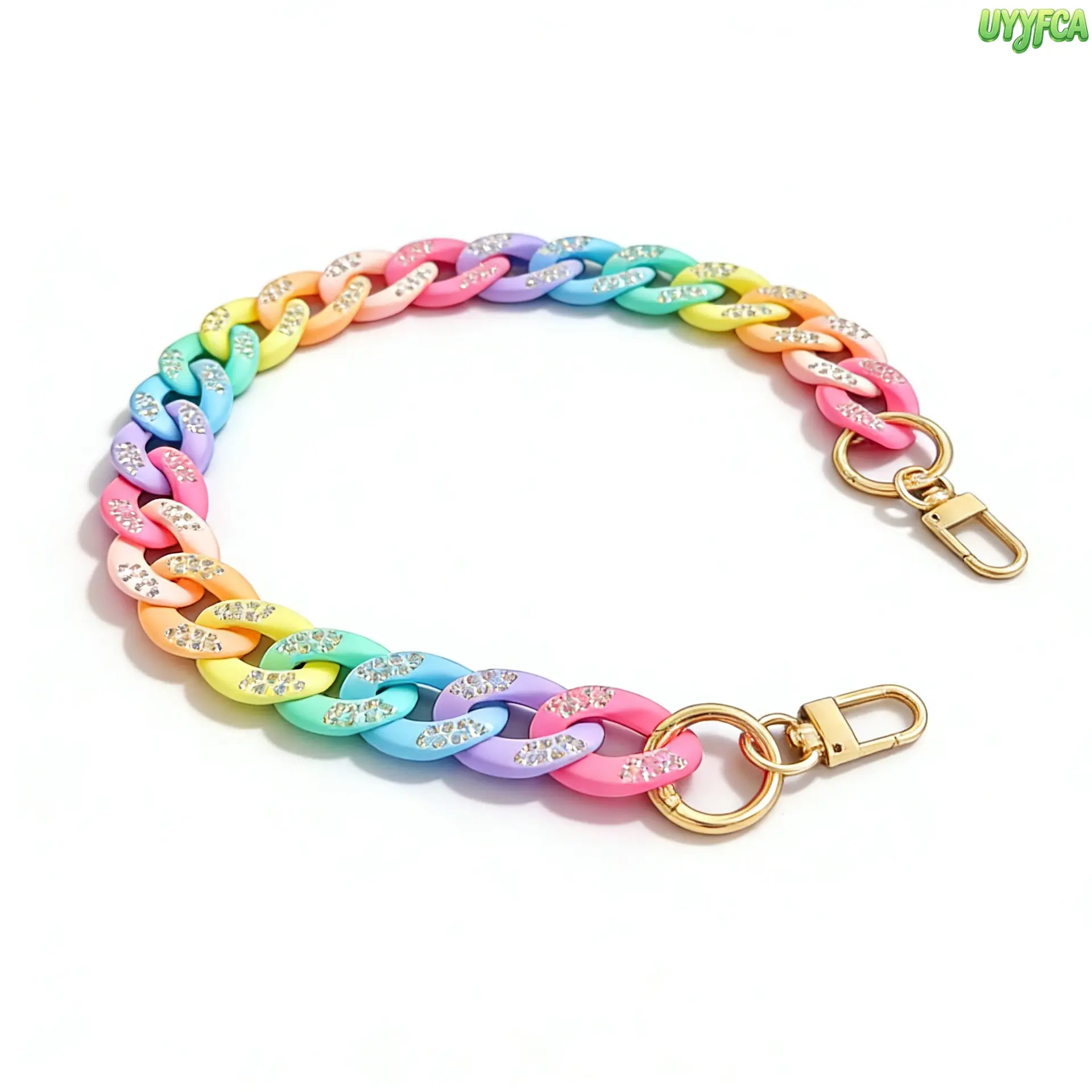 Y2K Matte Rhinestone Inlaid Acrylic Cuban Link Bag Chain, Pastel Rainbow Purse Strap With Gold Lobster Clasps,Chain Decor or Replacement Strap for Purses, Handbags Detachable Dual Use Wrist Chain,Phone Cases, Keys And Women's Gifts,Beach vacation,cute