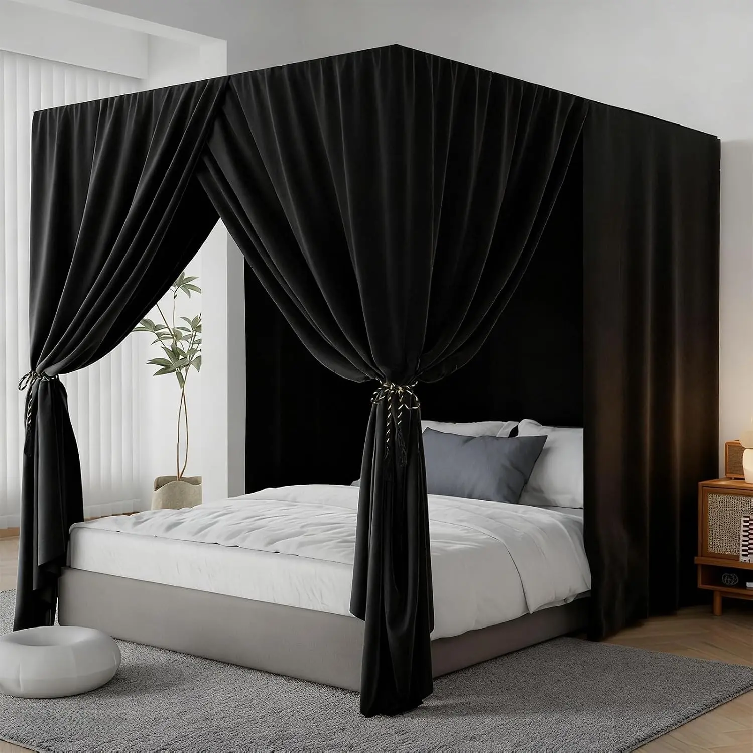 Black Canopy Bed Curtain 4 Corner Post Bed Curtains, Queen One-piece Integrated Canopy Bed Curtains Blackout Bed Canopy Curtain for Adults Girls Bedroom Decoration