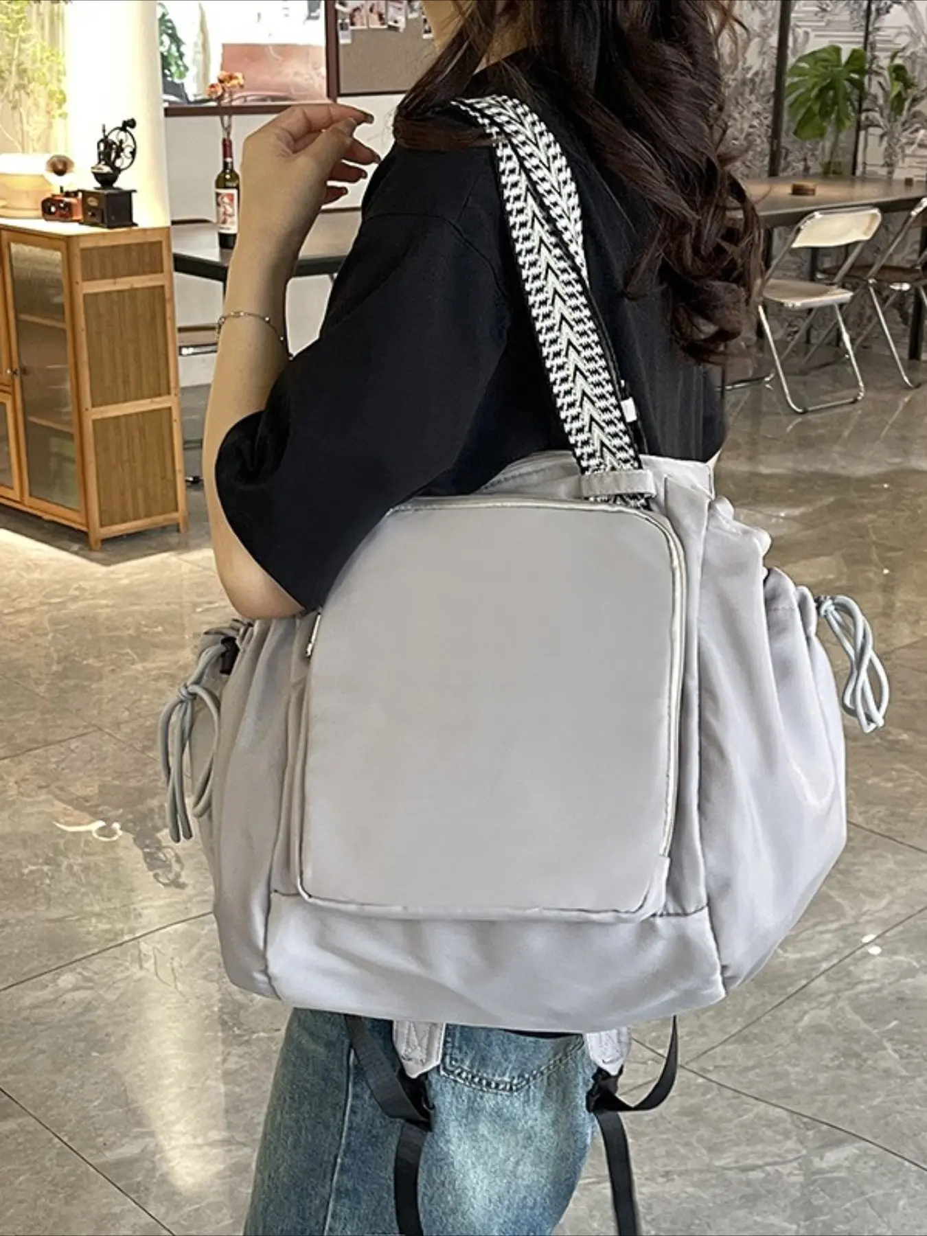 Multifunctional Nylon Backpack, Casual Nylon Backpack, Ethnic Style Colorblock Webbing Handbag, Drawstring Side Pouch, Large Capacity Travel Bag