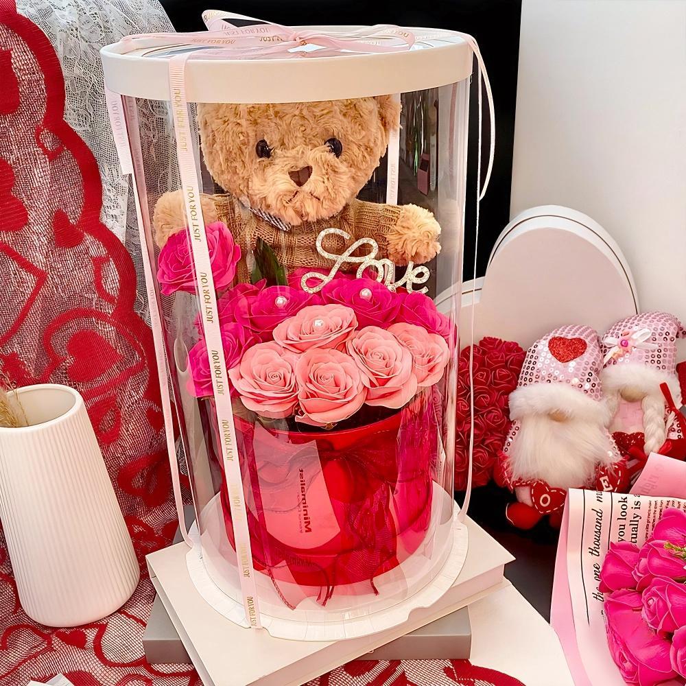 Artificial Flower Gift Box with Bear, 1 Count Romantic Rose Gift Box, Decorative Flowers Bouquet, Birthday Gift, Roses Bouquet, Decorative Vibrant Faux Flowers, Ribbon Roses Bouquet, Glitter Rose #GLOBAL PICKS