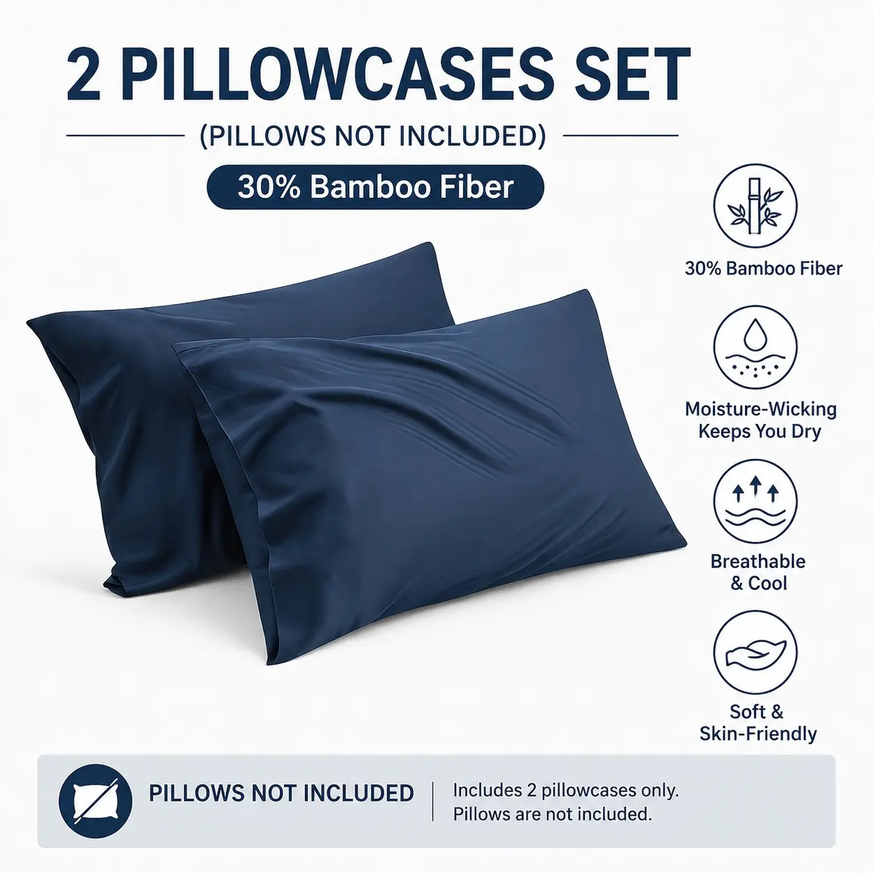 2-Pack Bamboo Fiber Pillowcases, Envelope Opening Design, Hypoallergenic, Moisture-Wicking, Comfortable Bedding Accessories