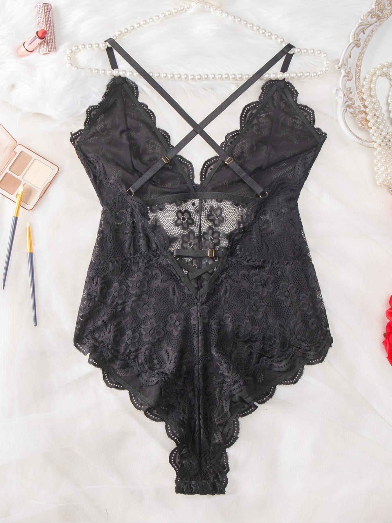 【Plus Size】 Criss Cross Cut Out Sheer Lace Cami Bodysuit, Open Crotch Design Sexy Bodysuit for Daily Wear, Women's Plus Size Sexy Lingerie for All Seasons