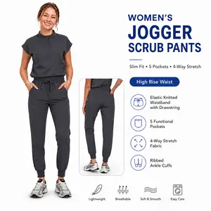 VECARDI Women's High-Waist Elastane Stretch Sporty Chic Scrub Jogger Pants - Multiple Pockets, Neutral, All-Seasons Athletic Comfortable Medical Workwear for Nurses