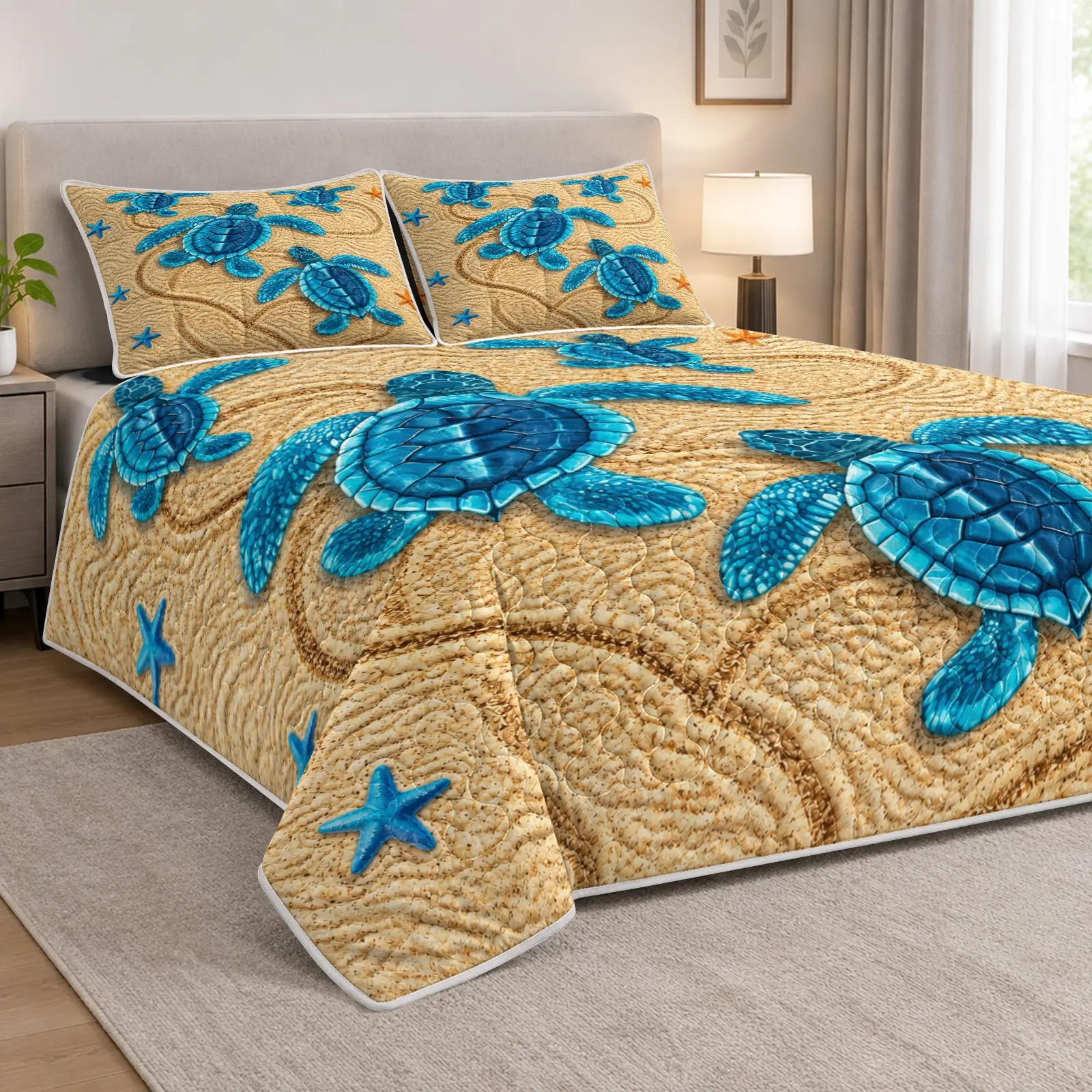 3pcs Beach Turtle Starfish Patchwork Quilt Set with 100gsm Filling, Beach Turtle Starfish Pattern Bedspread, Soft & Lightweight Quilted Coverlet, Fresh Ocean Style Bedding, Ideal for Bedroom & Guest Room Decor and Holiday Gifts.