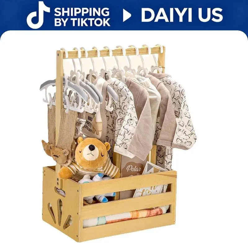 Wooden Baby Shower Crate Closet, Baby Storage Crate Hamper with Handle, Basket for Baby Shower Gifts, Welcome Gift Basket for Newborn Boys Girls, Pregnancy Gifts for New Parents