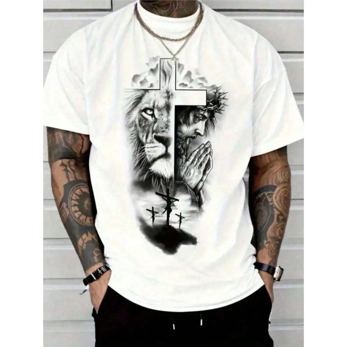 Men's Graphic T-Shirt, Watercolor Lion of Judah Jesus Cross Print, Oversized Relaxed Fit Short Sleeve 100% Cotton Religious Streetwear Top, Joggers, Cargo Pants, Menswear, Shortsleeve, Casual, Tee, Tshirt, Outfits, Fabric, Outdoor, Daily Street & Church F