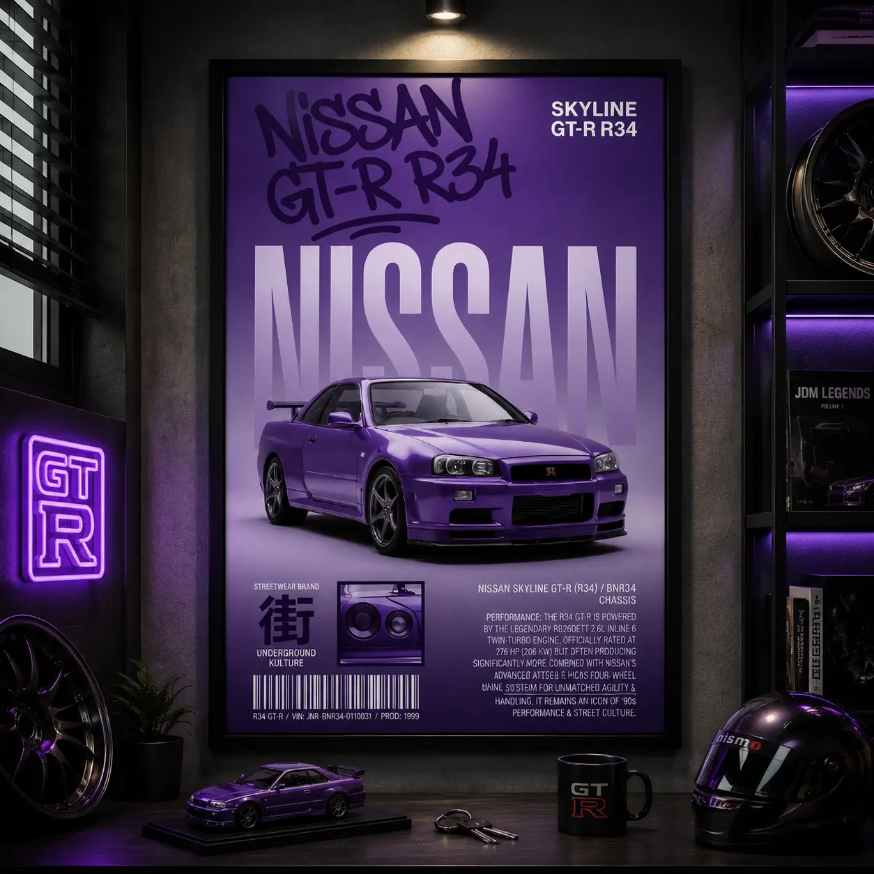Purple R34 Skyline JDM Car Canvas Poster, Retro Japanese Street Racing Wall Art Print, Garage Office Man Cave Decor, Car Fan Boyfriend Gift