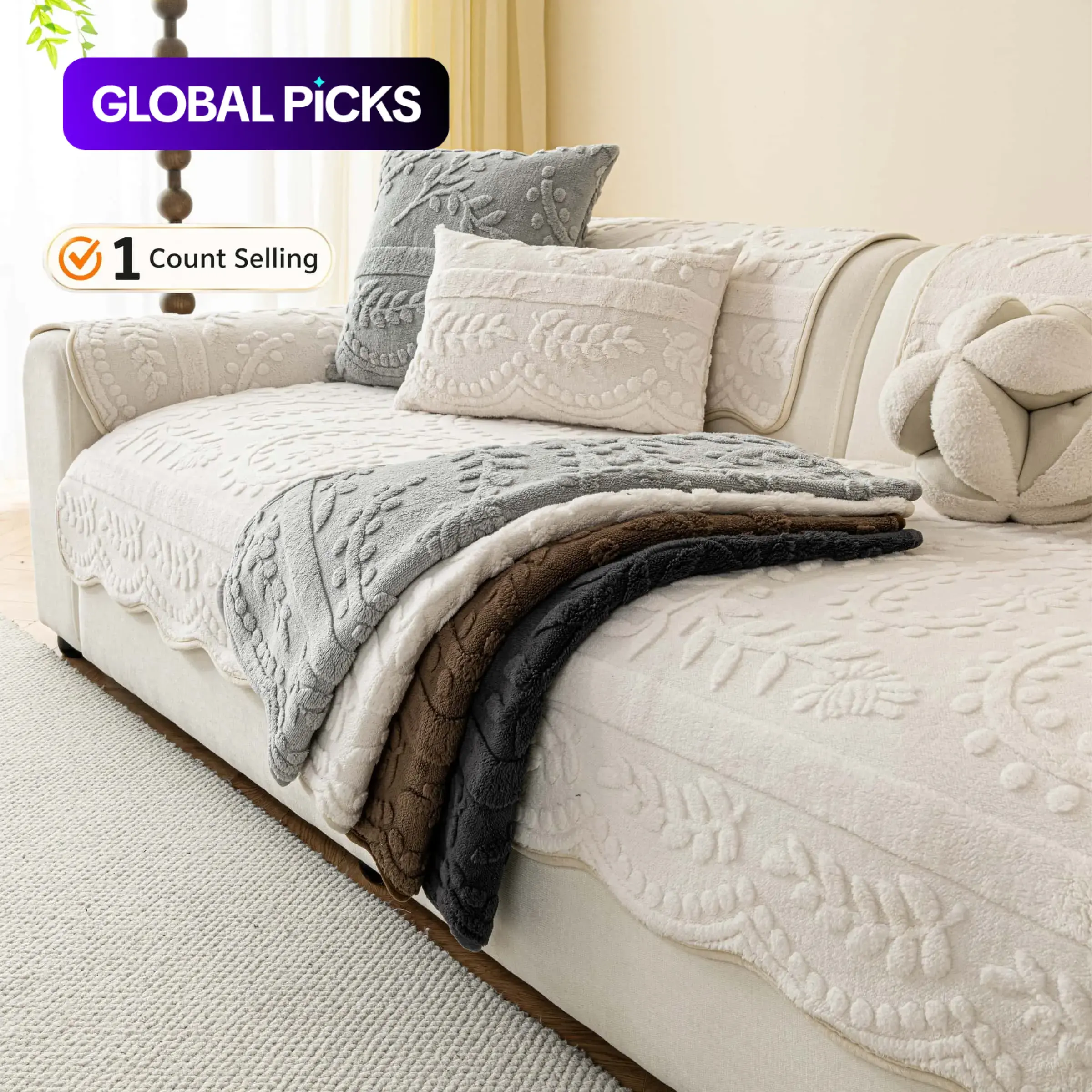 Soft Plush Non-Slip Sofa Cover, Pet-Friendly Slipcover with Elegant Embossed Pattern, Machine Washable Sofa Protector, for Living Room Bedroom, Fits 2/3 Seater Sofas, Non Slip Couch Cover, Washable Couch Covers #GLOBAL PICKS