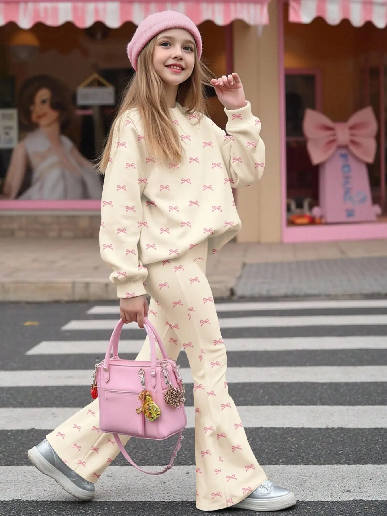 Girls' Hoodie and Bell Bottoms Set, Korean Style Soft Butterfly Print Long Sleeve Top, Casual Fall & Winter