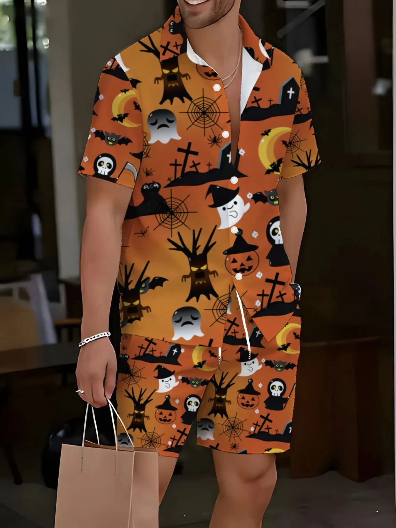 Men Sublimation Two Piece Beach Outfit Orange Cute Cartoon Ghost Reaper Pumpkin Halloween Print Short Sleeve Lapel Button Shirt Elastic Drawstring Shorts Casual Summer Matching Sets For Daily Family Holiday Party