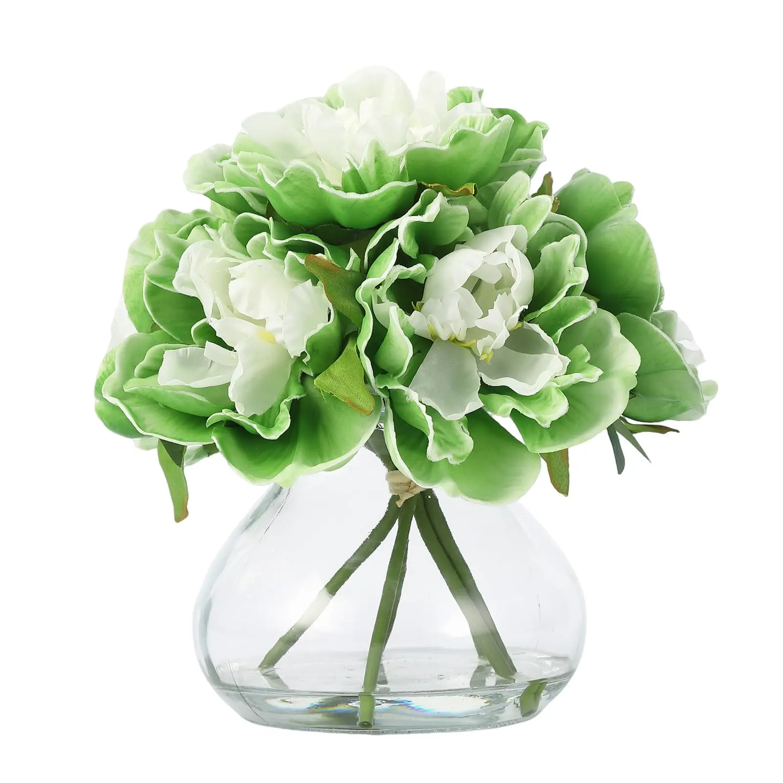 Garvee Real Touch Silk Peony Artificial Flowers, Green Peonies in Glass Vase with Faux Water, Large Flower Arrangement for Wedding Centerpiece, Home Table, Party & Bathroom Decor